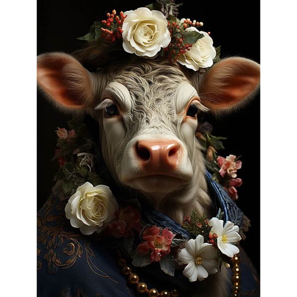 Floral Cow Diamond Painting Kit: 5D Full Drill, Cute Floral Cow