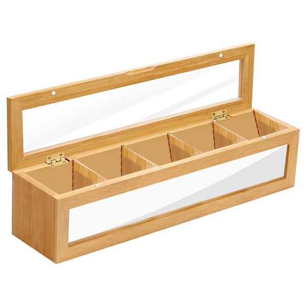4 Compartments Bamboo Wood with Clear Window Tea Bags Storage Holder