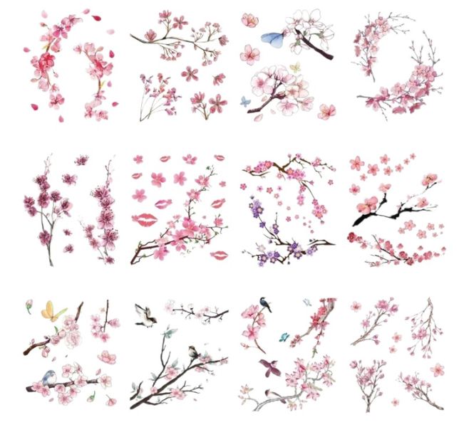 12 Piece - Romantic Cherry Blossom Temporary Tattoo - Multicolor