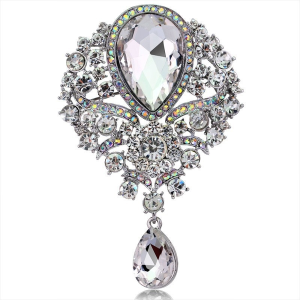 ZELTRYN Silver Vintage Teardrop Crystal Dangle Brooch
