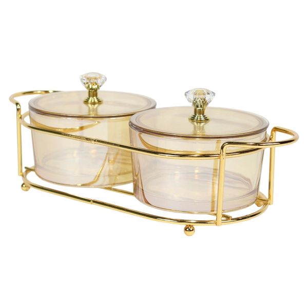 Luxury 2 Compartment Dried Fruit Serving Bowls With Lid &amp; Tray - Amber/Gold