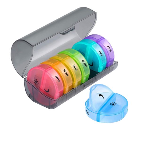 Portable 7 Days Weekly AM PM Damp Proof Pill Storage Box - Black &amp; Colorful