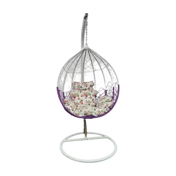 Purple and White Rattan Wicker hanging Chair with Headrest Cushion