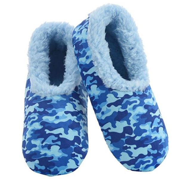 Snoozies Kids Boys Blue Camo Fleece Slippers - Soft Non-Skid Soles