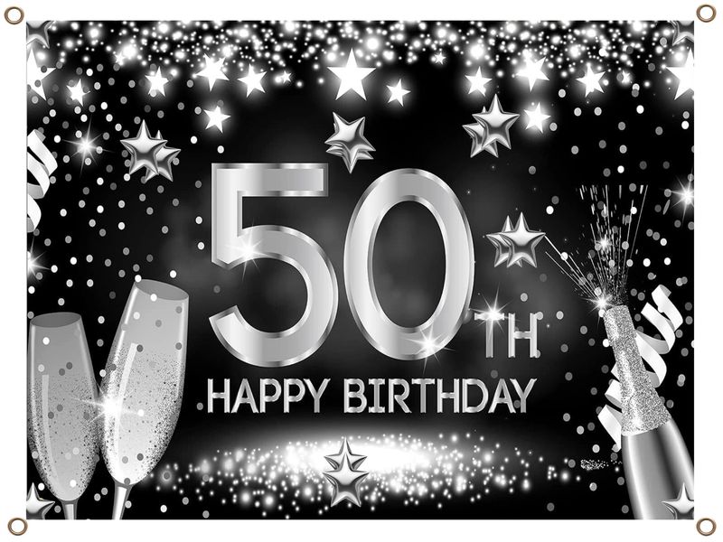 Happy 50th Birthday Banner - PVC Silver and Black - 1.3m x 900mm