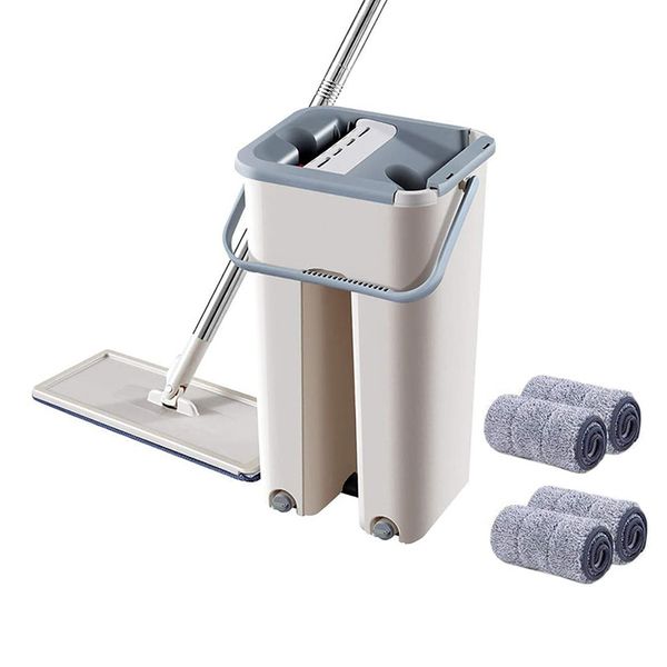 Foldable Flat Mop &amp; Buckets Set with 4 Squeegee Mop Pads