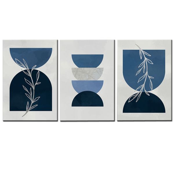 Canvas-Art-3 Pieces Boho Navy Blue Circles &amp; Floral Modern Wall Art