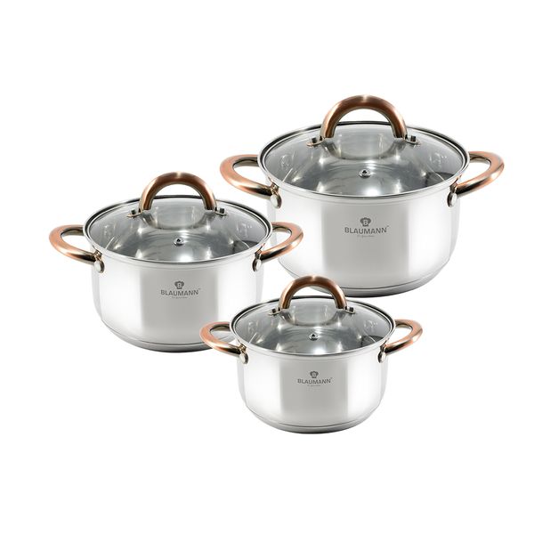Blaumann 6 Piece Stainless Steel Cookware Set with Glass Lids - Gourmet Line