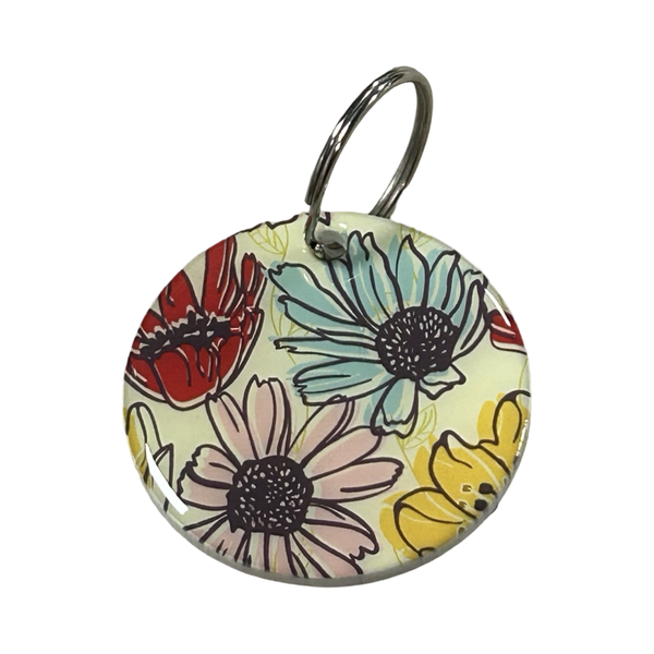 5cm Keyring - Black Outlined Flowers on Yellow