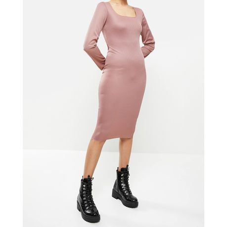 Women s Missguided Rib Square Neck Long Sleeve Midi Dress Brown Daily Sale Shop