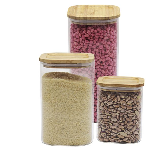 Borosilicate 3 Piece Glass Square Canister With Bamboo Lid - Clear