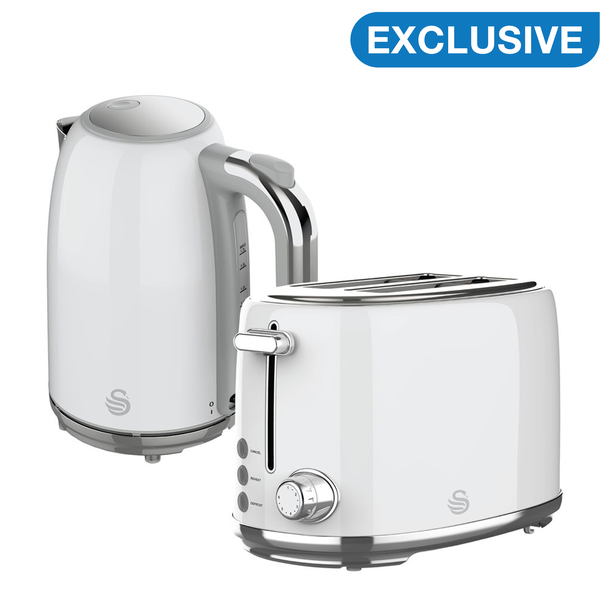 Swan Retro Stainless Steel Pearl White 2 Slice Toaster &amp; Kettle Pack