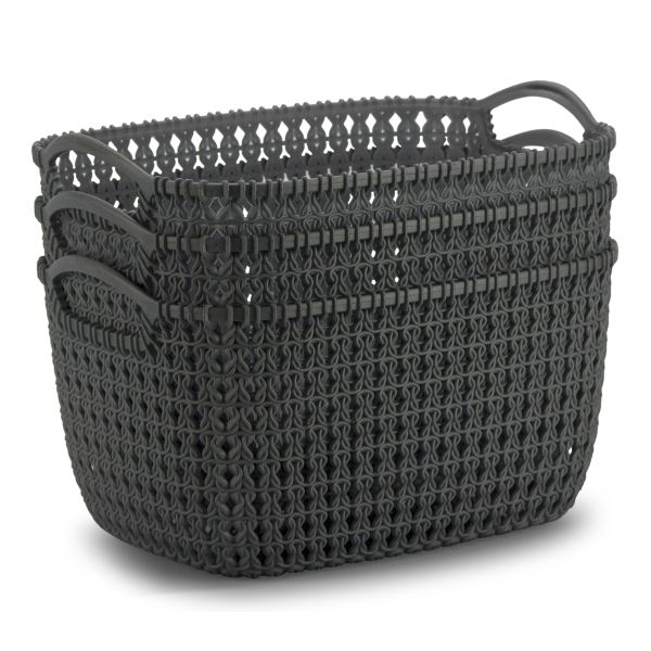 Trans Continental Marketing - Grey Plastic Knit Basket Medium - Set of 3