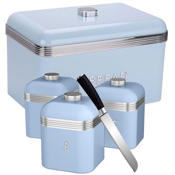 Superior Quality Retro Deluxe Range Bread Bin Set with Bread Knife - 5 Pieces