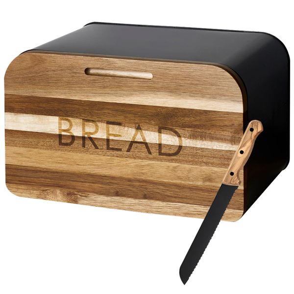Breadbox with Integrated Cutting Board Made of Metal and Bamboo with Knife