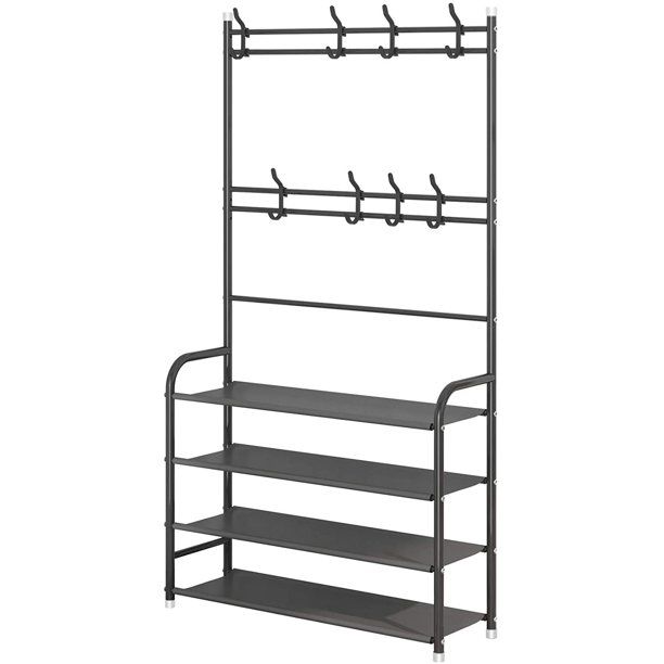 3 in 1 Multifunction 4 -Tier Coat & Shoe Shelf Rack Organizer With 8 ...