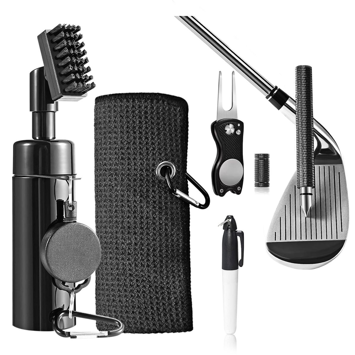 6 Piece Golf Cleaning Kit with Club Brush, Towel, Divot Tool & Marker