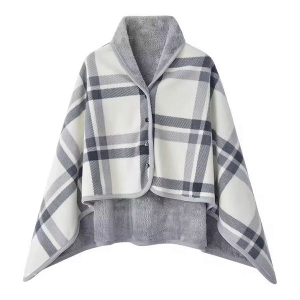 Fleece Wearable Blanket Shawl Poncho White Grey image