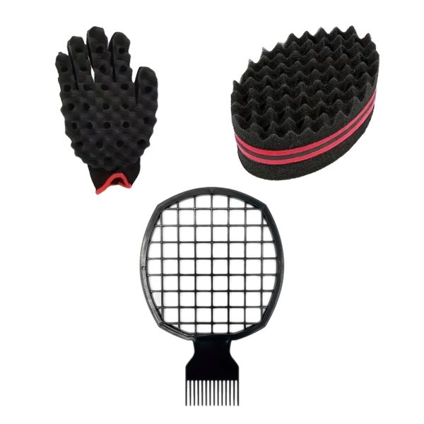 3 Piece Hair Comb Barber Twist Curl Glove And Sponge