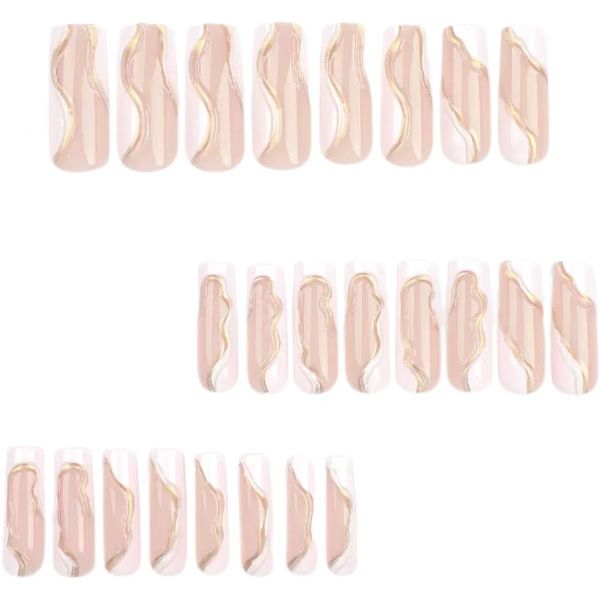 Long Press on Nails Square French Tip Fake Nails with 3D Gold Curve Line