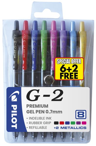Pilot G-2 0.7 Gel Retractable Pen - Wallet of 8 Colours