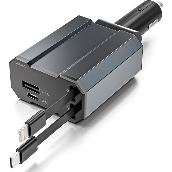 66W Retractable Car Charger 4-in-1 Fast Charging with C Type &amp; Lightning