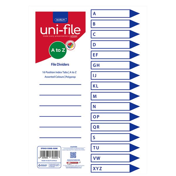 Uni-file File Divider, Polypropylene Board, A - Z (Pack of 5)