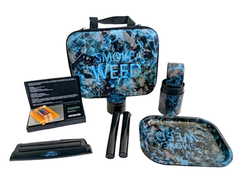 Smoke Weed Blue 8-Piece Travel Case with Tray / Digital scale &amp; Grinder