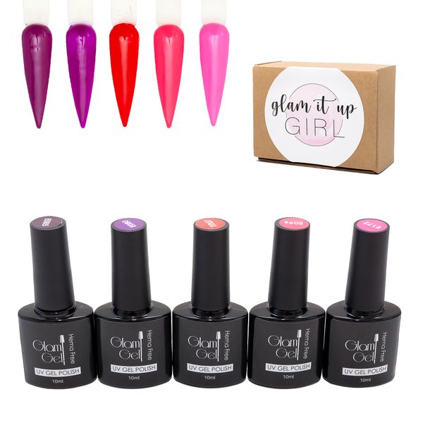 UV Gel Nail Polish Colour Set of 5 Glam Gel (HEMA FREE) by Glam It Up Girl