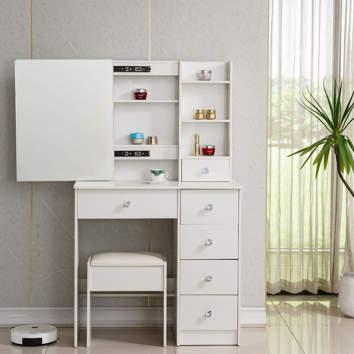 Dressing Table Stool Set Makeup Vanity Desk Stool Set with Sliding Mirror