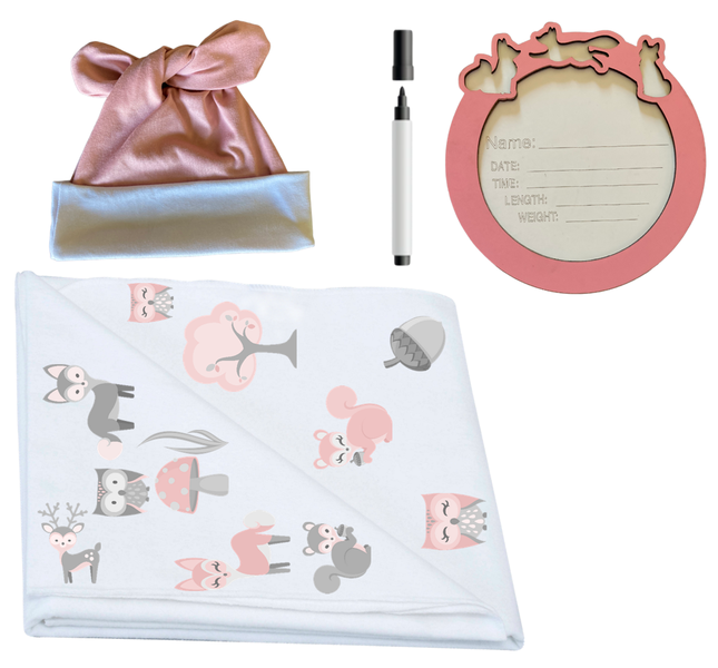 Swaddle, Newborn Beanie &amp; Birth Announcement -Pink and Grey Fox