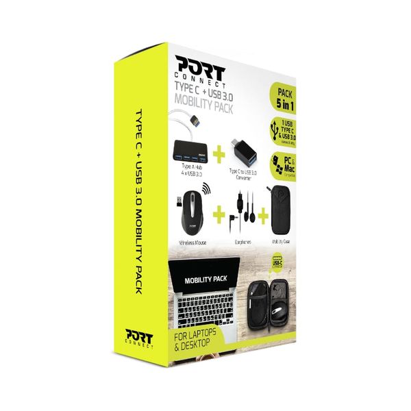 Port Connect 5in1 Mobility Pack Hub, USB-C Converter, Wireless Mouse