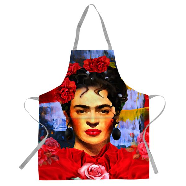 Red Frida Kahlo on Painted Blue Medium Length Apron