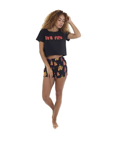 Brave Soul Short Pyjama Set In Black with Red Print - "It's Fire