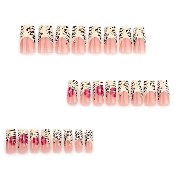 French Pink Leopard Print Floral Pattern Nail Art With Rhinestones