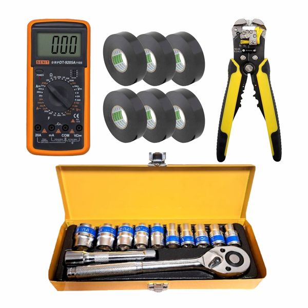 Socket Set + Wire Stripper + Digital Multimeter + 5 x Insulation Tape