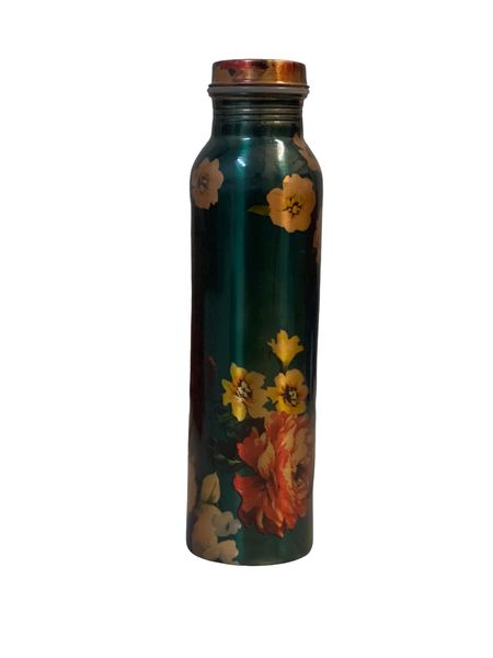 Pure Copper Green Flower print 100% Water Bottle 1 Litter
