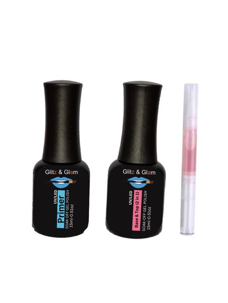 Glitz n Glam Primer and 2 in 1 UV Base &amp; Top Coat Set with Cuticle Oil Pen