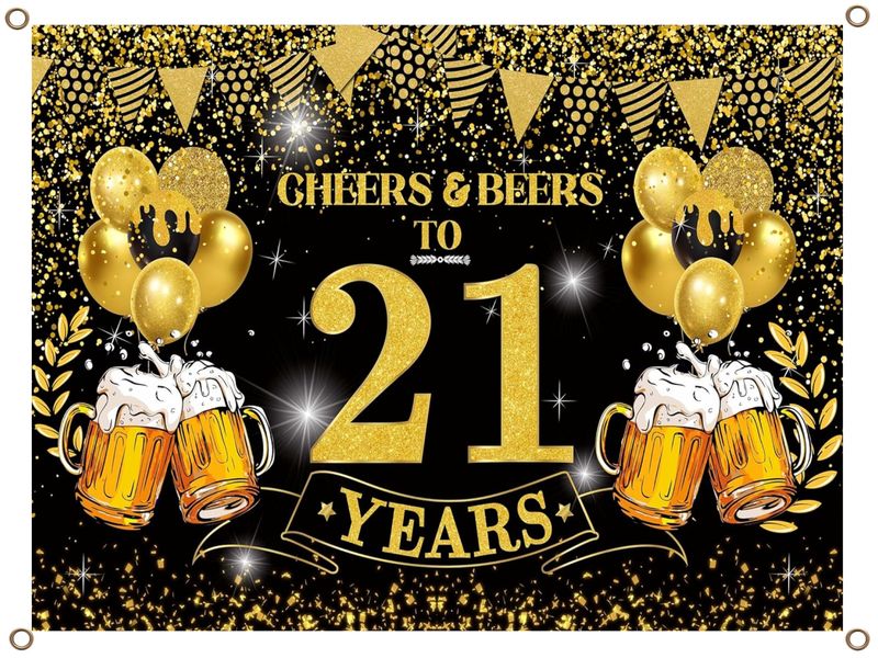 Cheers and Beers to 21 Years Banner PVC Gold and Black 1.3MX900MM