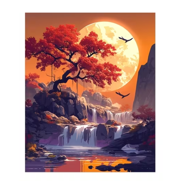 Moonlit Waterfall Landscape Paint by Numbers Kit - 50 x 40cm