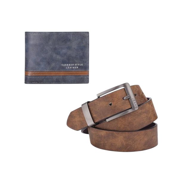 Men's Vintage Leather Wallet &amp; Belt Gift Set - Classic Brown &amp; Blue Duo