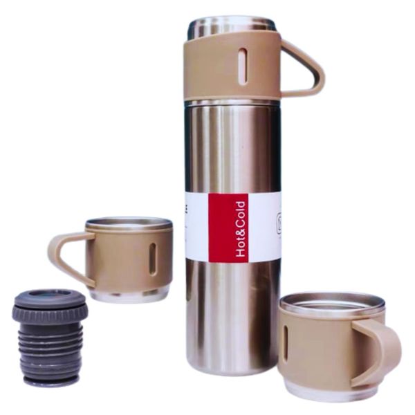 Portable Taupe Insulated Thermos Flask Set &amp; 3 Cups