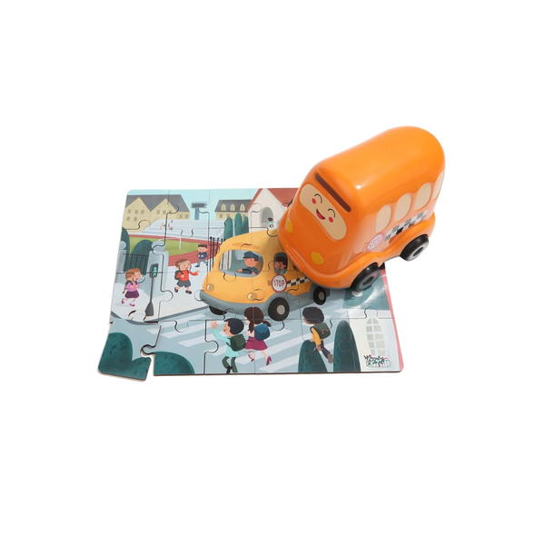 TopBright Wooden 24 Piece Puzzle Packed away in a Toy School Bus