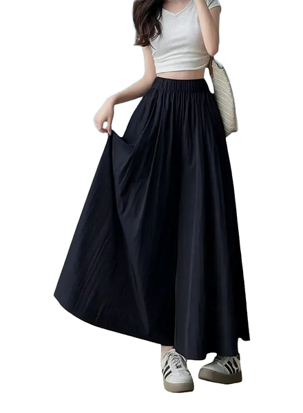 Women Black-Black Polyester Loose Wide Leg Pants