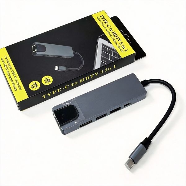 5 in 1 USB C Hub Type C To 4K HD Adapter with RJ45 Network 100M Ethernet