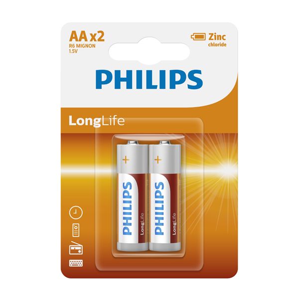 Philips - Longlife Zinc AA Batteries 1.5V 2 Pack