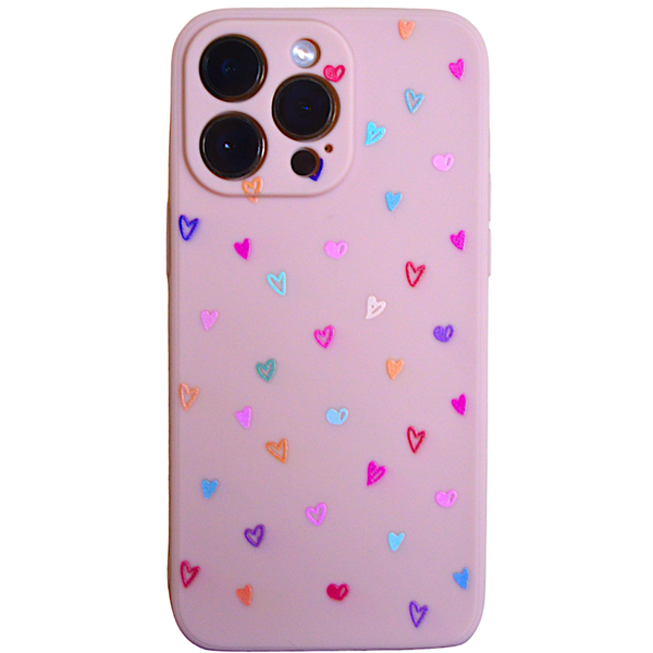 Pink - Case with Tiny Multi Colour Hearts &amp; Pro Cam - Iphone 15 Pro Max