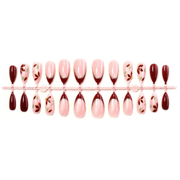 Instagram-style pink rose red diamond leaf pattern almond-shaped press-on