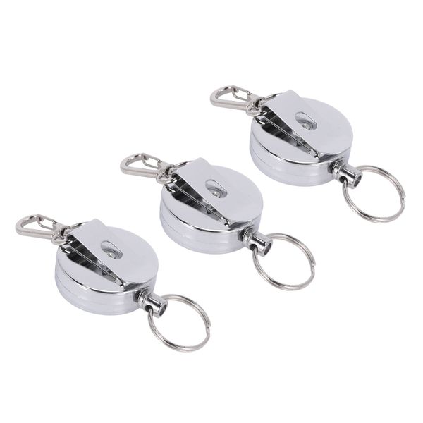 3 Pcs Stainless Silver Retractable Key Chain Recoil Keyring Heavy Duty Stee