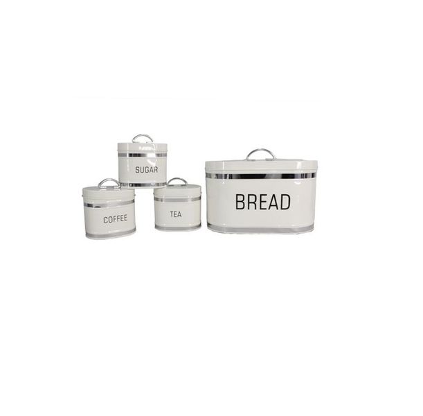 White Oval 4-Piece Stainless Steel Bread Bin &amp; Tea, Coffee, Sugar Canister